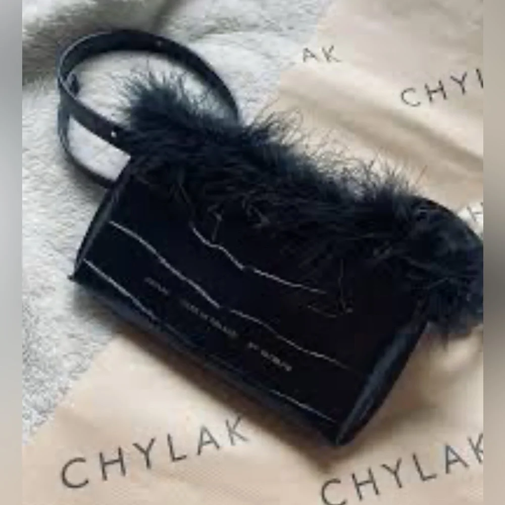 Chylak bag feather trim crock black embossed leather - Picture 1 of 5